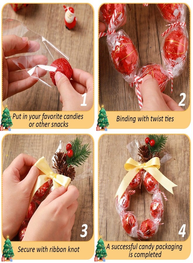Dunzoom 50/100 Set 2'' x 24'' Christmas Candy Wrapping Gifts Treat Bags Set Plastic Transparent Bags with Twist Tie and Loop of Ribbon for Xmas Party Favors Chocolates Candy Wreath Making Kit - Image 3